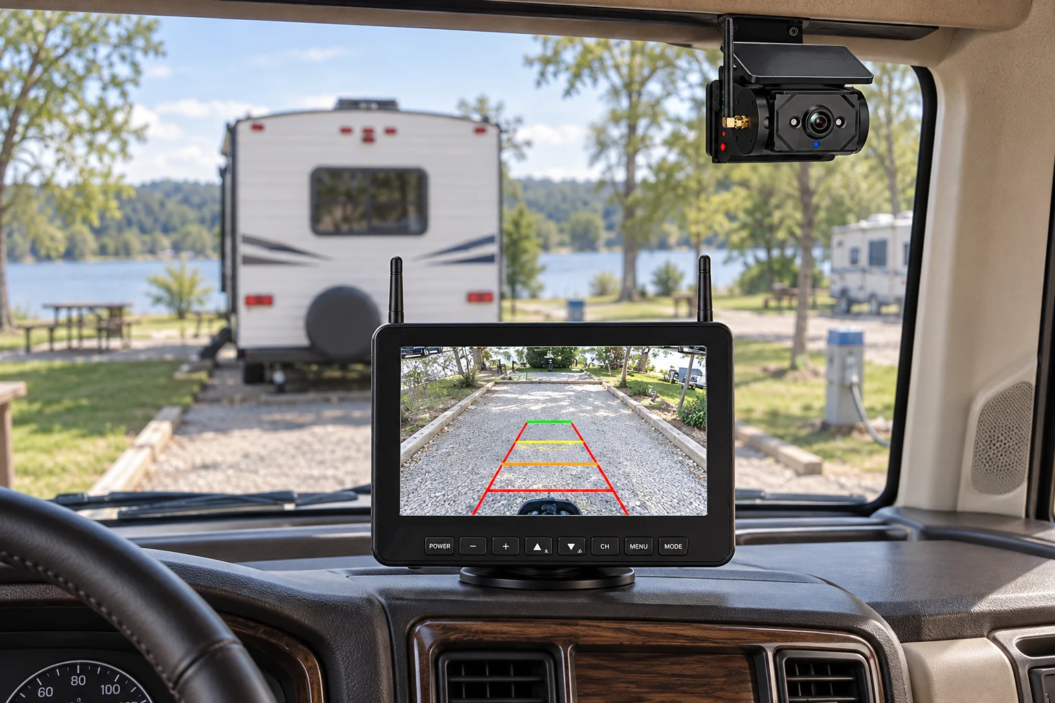 AOMOSUR AM700 wireless backup camera and monitor installed in an RV