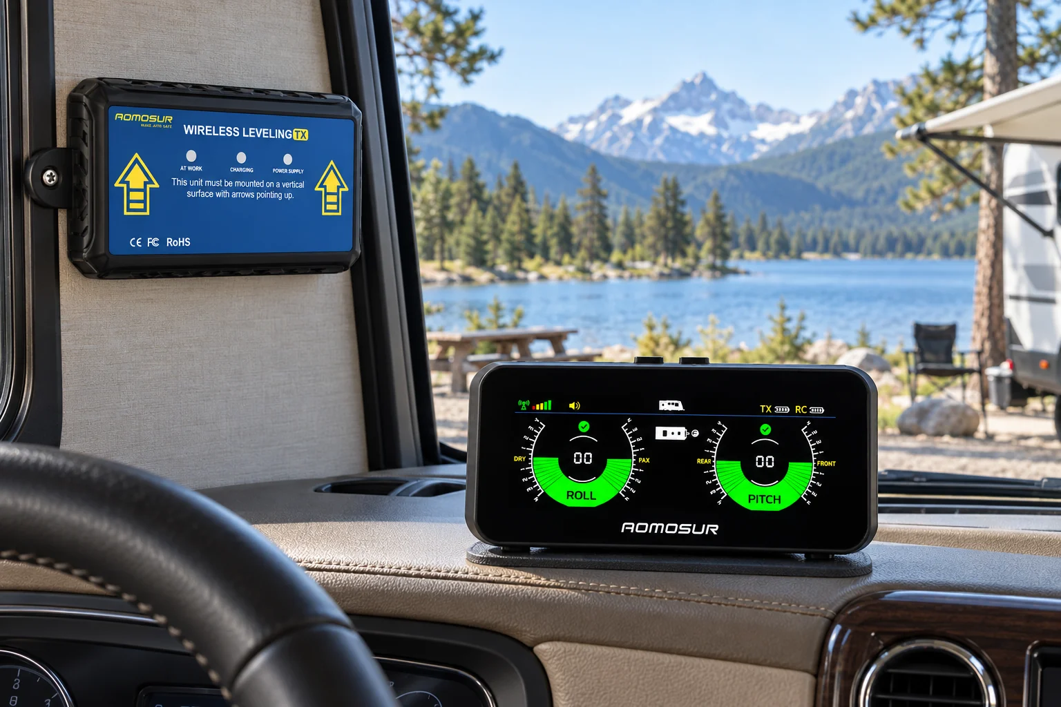 AOMOSUR AM350 PRO wireless RV leveling system installed in an RV