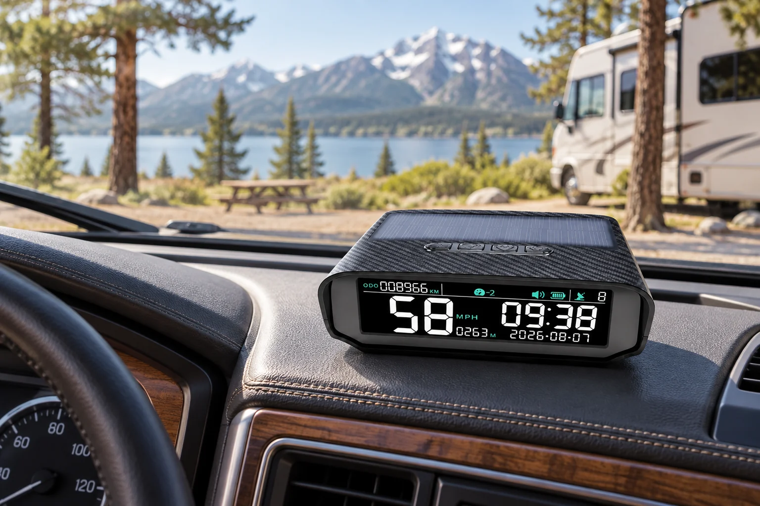 AOMOSUR X100 GPS speedometer installed on an RV dashboard