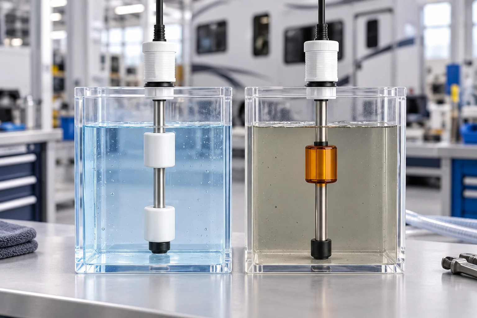 AOMOSUR tank monitoring probes installed inside transparent test tanks