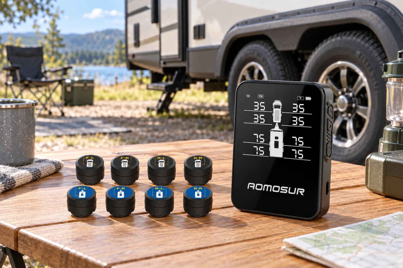 AOMOSUR AM100 tire pressure monitor and sensors at an RV campsite