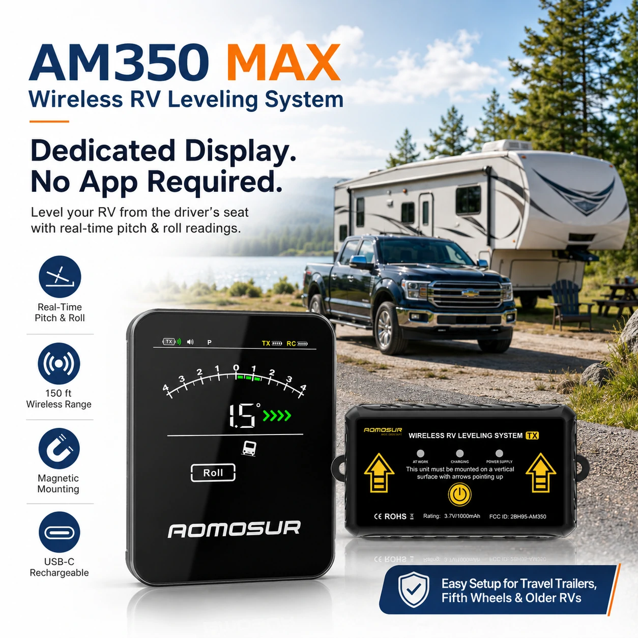 AM350 MAX wireless RV leveling system with dedicated display and magnetic transmitter