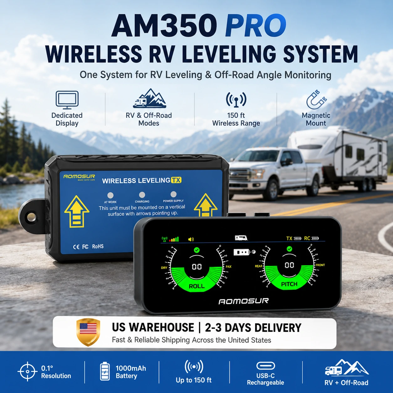 AM350 PRO wireless RV leveling system with dedicated display and transmitter